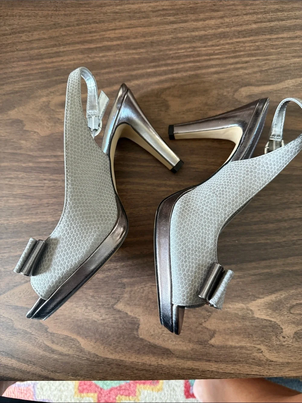 Anne Klein Metallic Silver Peep-Toe Slingback Heels with Bow Accent